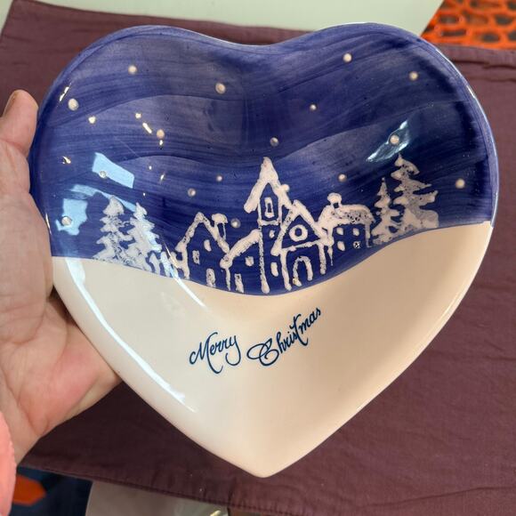 Ceramiche Fabbro Blue/White Snowy Heart Shaped Candy Dish Made in Italy - Picture 5 of 5